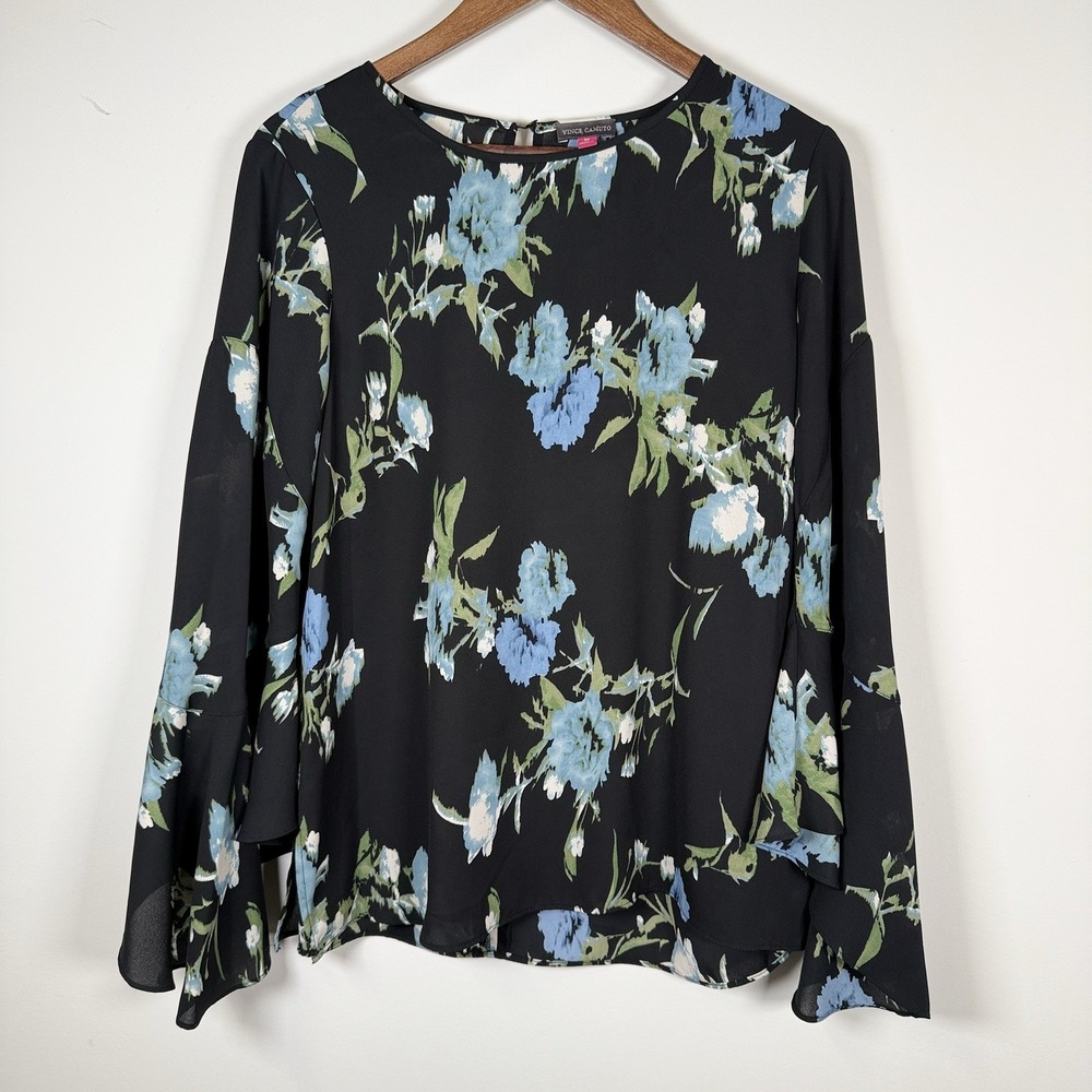 Women's Vince Camuto Long Sleeve‎ Blouse Black Floral Medium Career